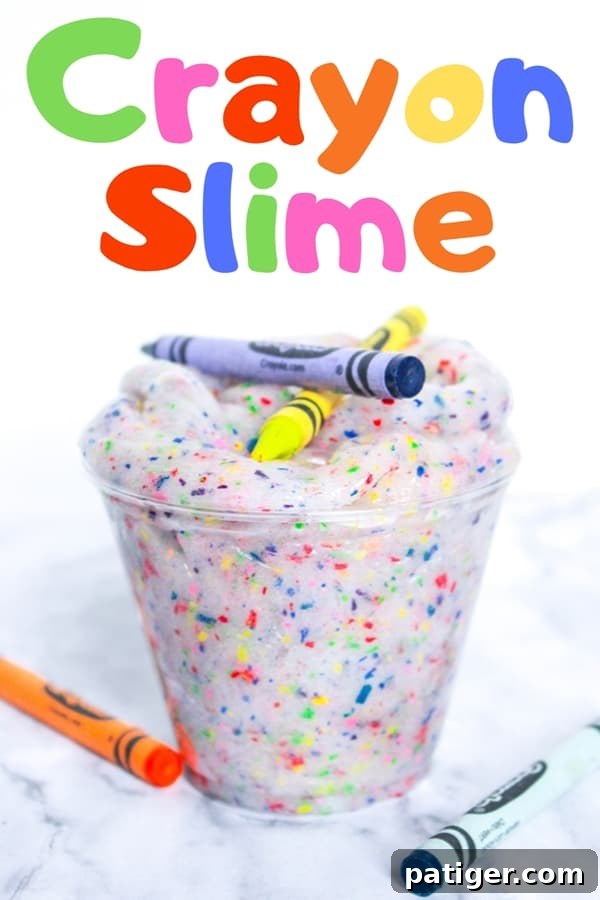 Colorburst Crayon Slime 8 A completed batch of vibrant crayon slime, perfect for kids' crafts and sensory play. An ideal way to use up old or broken crayons.