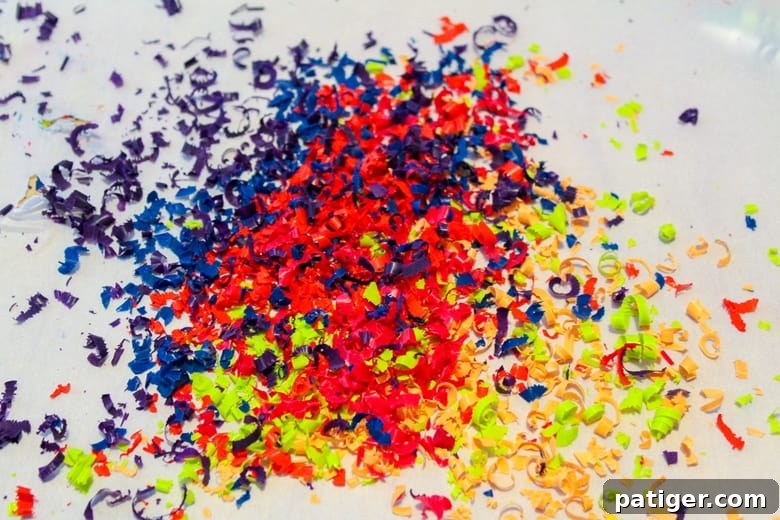 Colorburst Crayon Slime 5 Piles of colorful crayon shavings neatly arranged on wax paper, ready to be added to the slime mixture. Highlights the vibrant colors created from recycled crayons.