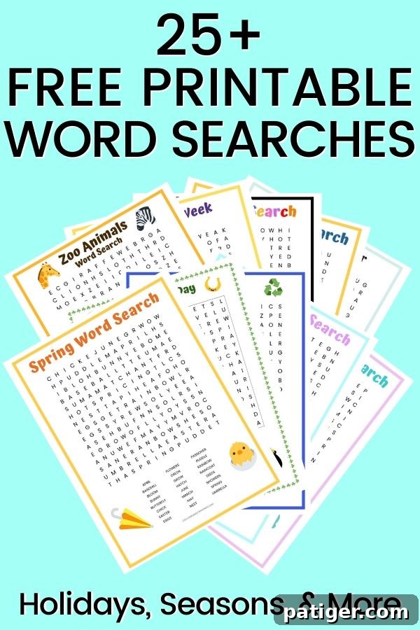 Over 25 Free Printable Word Search Puzzles 2 Collection of 25+ Free Printable Word Searches for Kids featuring various themes for educational fun