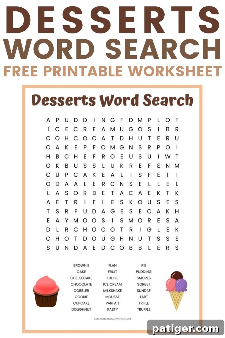 Sweet Treats Word Search Puzzle 2 A vibrant image of a completed desserts word search puzzle, highlighting various sweet treats. Perfect for a fun family activity or classroom use.