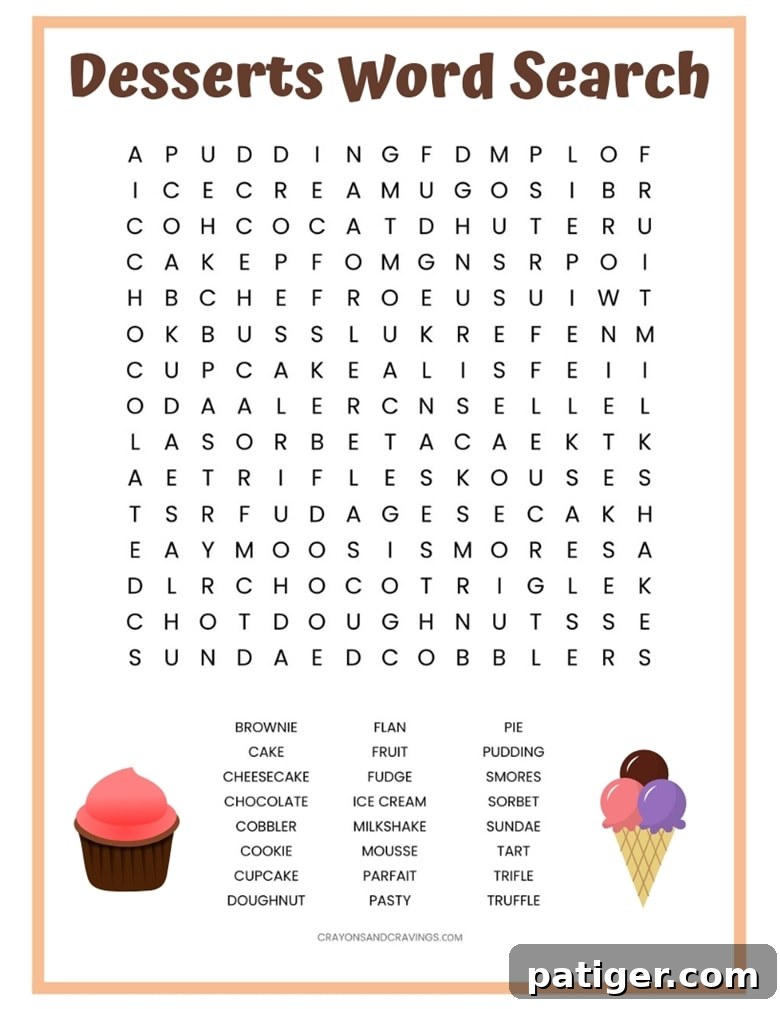 Sweet Treats Word Search Puzzle 3 The actual printable Desserts Word Search puzzle, ready to be downloaded and solved. Features 24 dessert terms hidden in a grid.