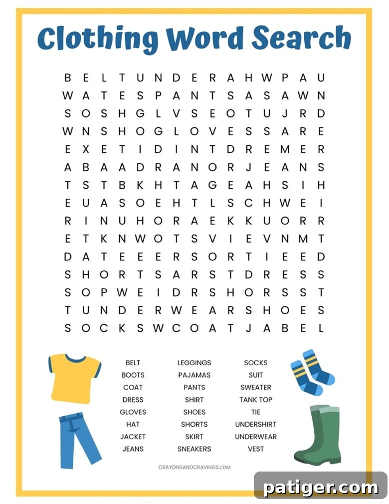 A free clothing word search printable with 24 words for different types of clothes to find such as shirt, dress, shoes, jacket, and shoes. 