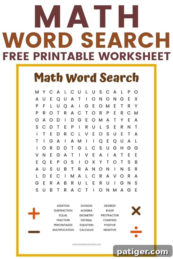 Printable Math Word Search Puzzles 2 A vibrant, free math word search puzzle printable, showcasing a grid of letters where 18 essential math terms like decimal, algebra, multiplication, fraction, and addition are hidden, ideal for educational activities and classroom engagement.