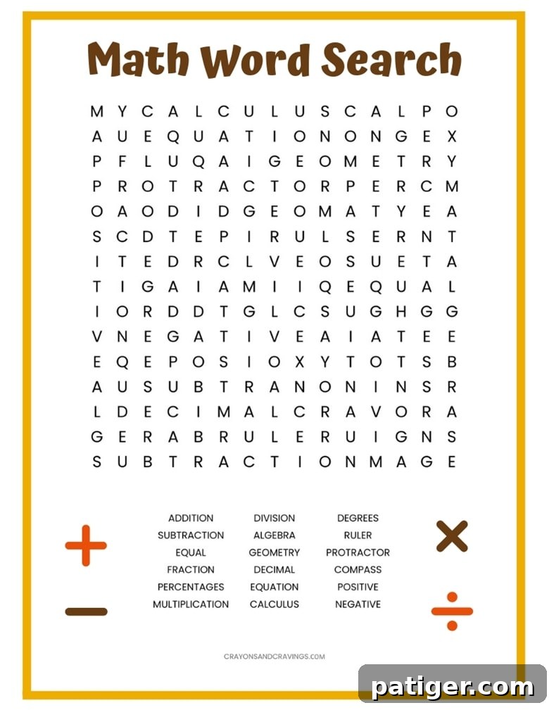Printable Math Word Search Puzzles 3 A high-quality image of a free printable math word search puzzle, displaying a grid filled with letters and several hidden math terms highlighted, making it an excellent resource for students, teachers, and homeschooling parents.