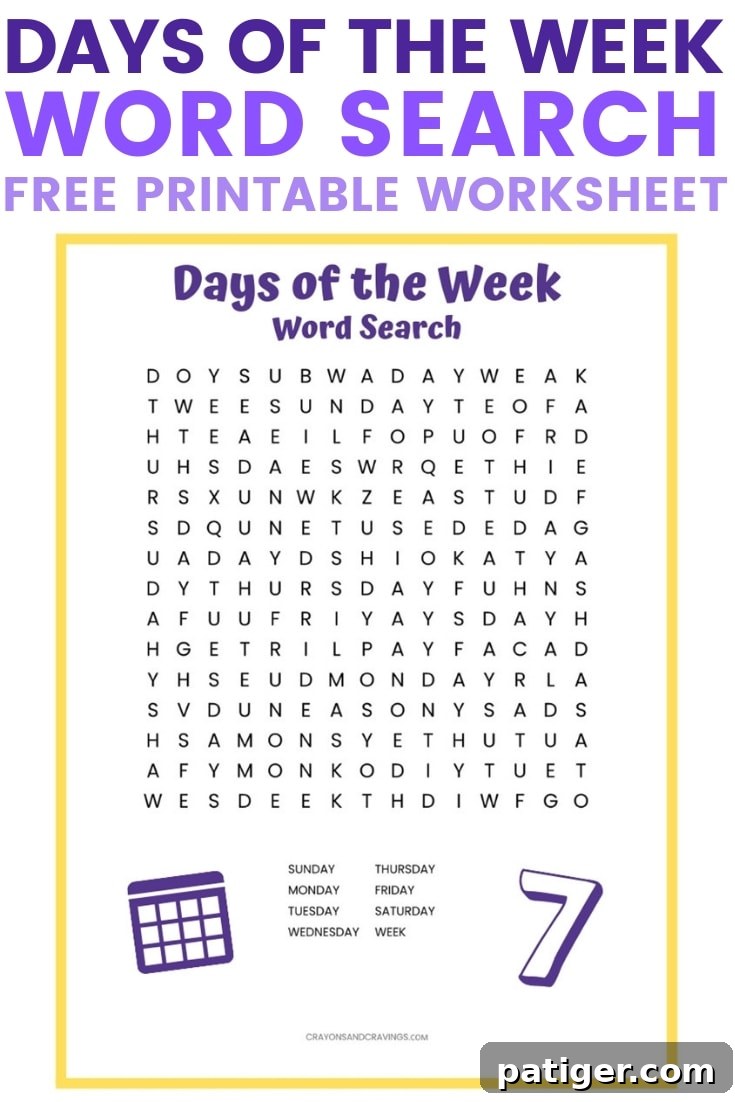 A vibrant, engaging days of the week word search puzzle for children, featuring all seven days plus the word 'week' hidden within a grid. Perfect for reinforcing spelling and vocabulary.