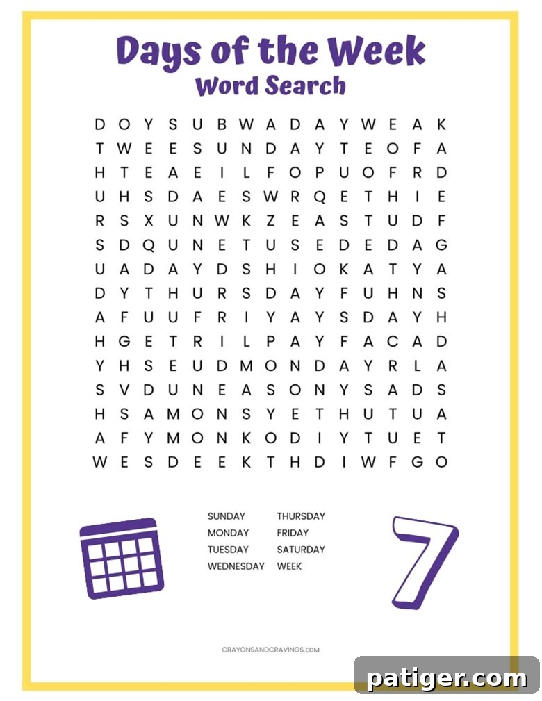 A preview of the printable Days of the Week Word Search with the puzzle grid clearly visible, ready for download and printing to help kids learn spelling.