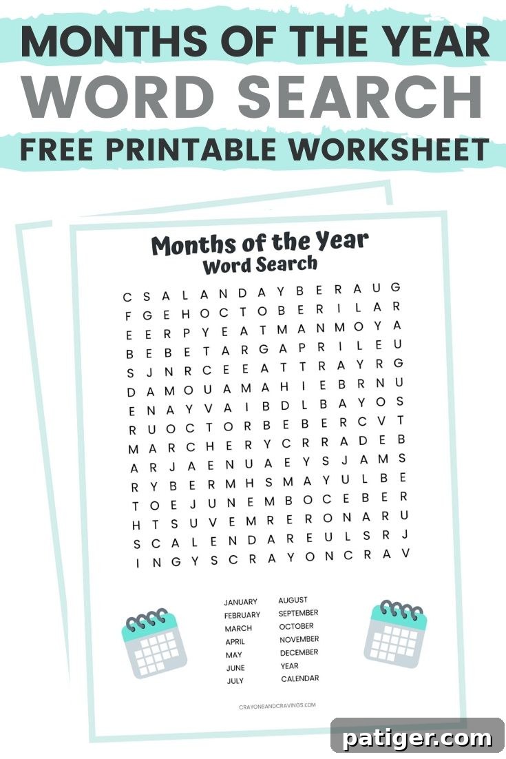 Free Printable Months of the Year Word Search Worksheet for Kids Learning to Spell