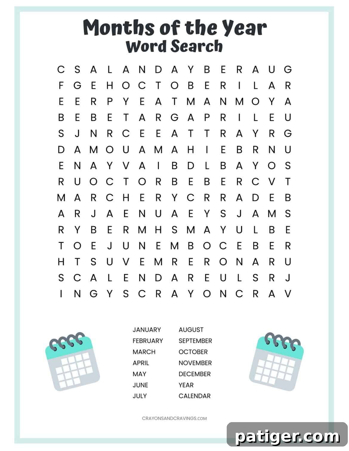 Months of the Year Word Search Free Printable Activity for Kids