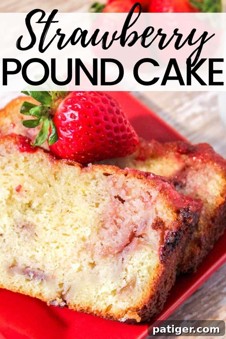 Close-up of strawberry yogurt pound cake, showing its moist texture and visible bits of fresh strawberries, ready to be enjoyed.