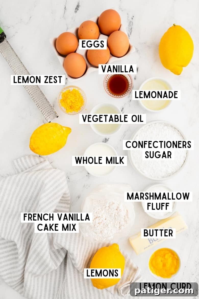 Ingredients for Lemon Layer Cake with Marshmallow Frosting and Lemon Curd Filling