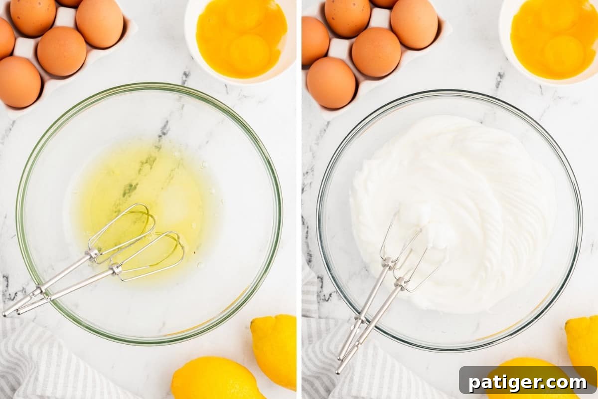 Egg whites before and after being beaten to stiff peaks.
