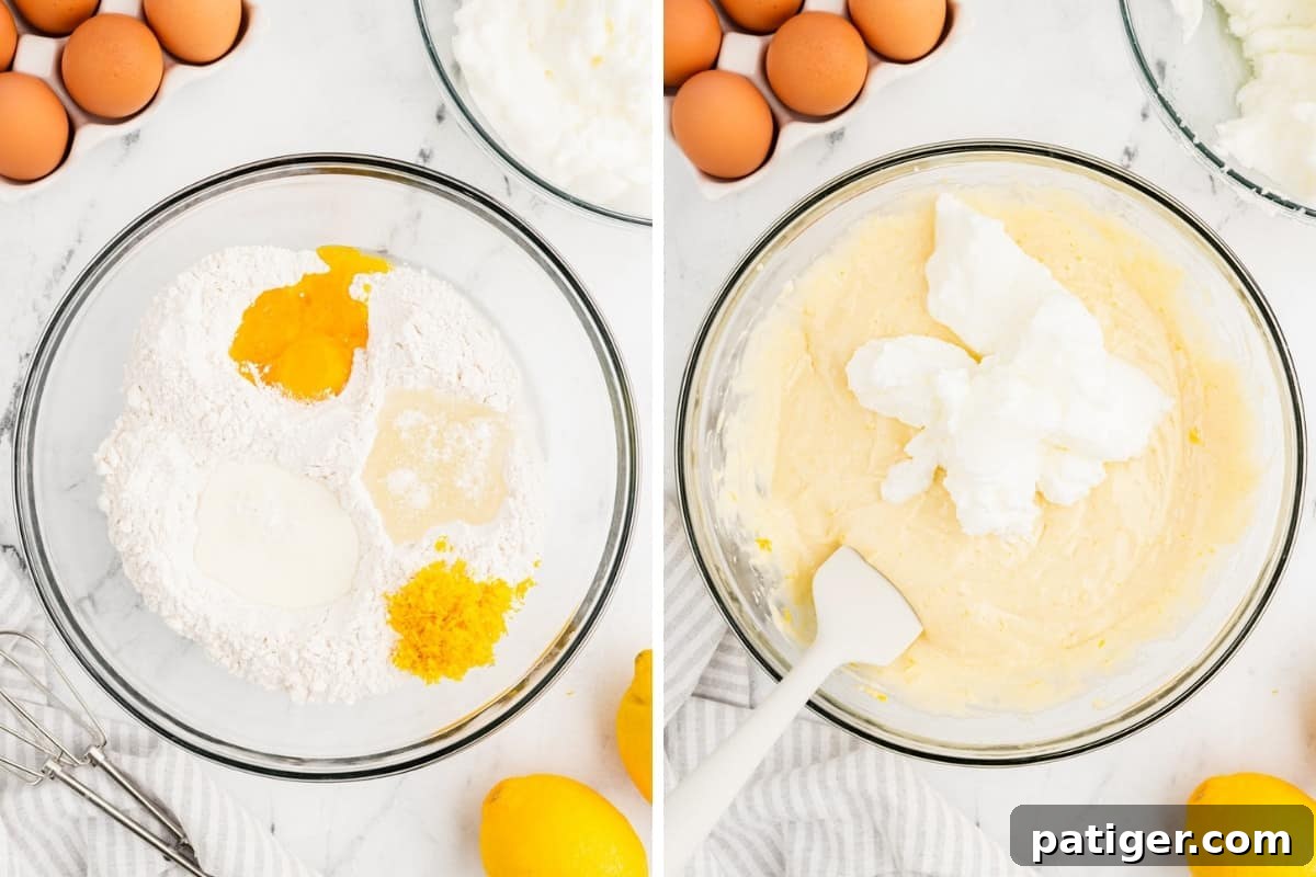 Lemon cake ingredients being mixed in large glass mixing bowl.