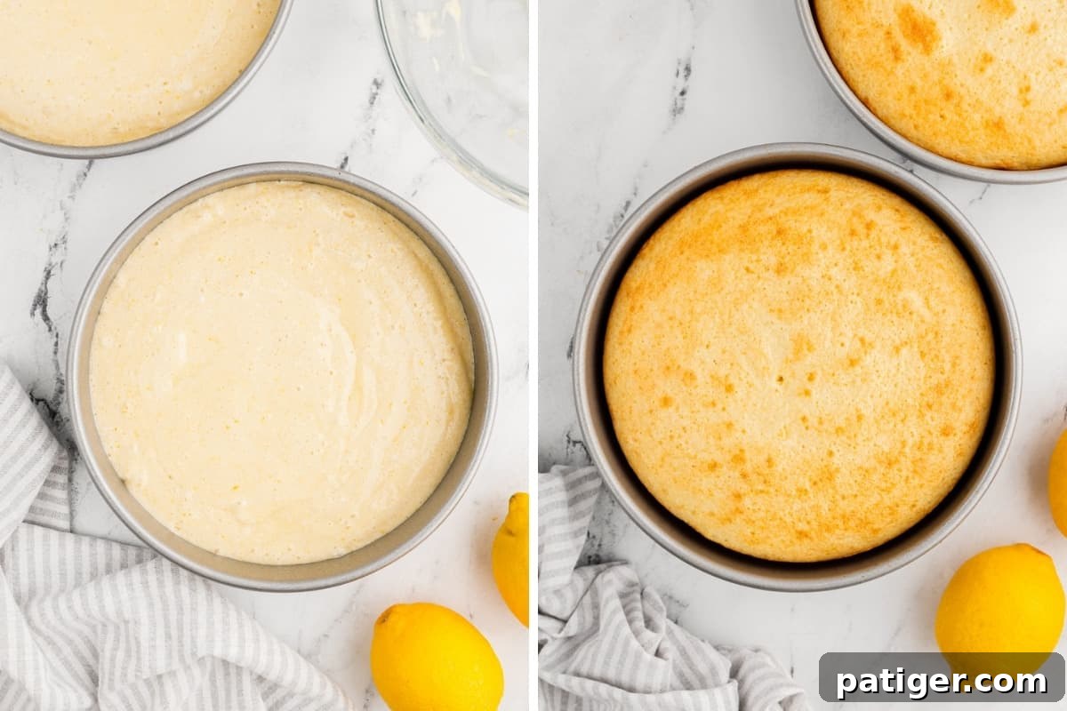 Round lemon cake before and after being baked.