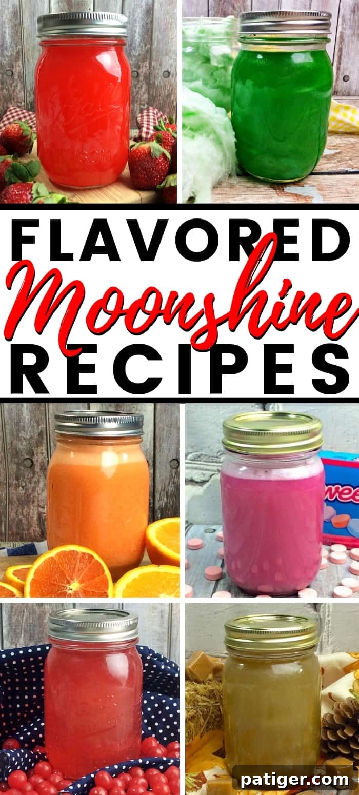 A vibrant collection of flavored moonshine recipes, showcasing a variety of colorful and enticing homemade infusions in mason jars.