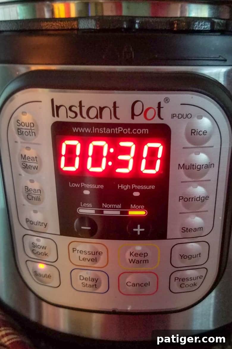 Instant Pot displaying the 'Saute' function on its digital screen, ready for cooking.