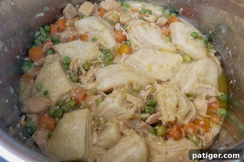 Quartered canned biscuits carefully arranged on top of the chicken and dumpling mixture in the Instant Pot, ready for final cooking.