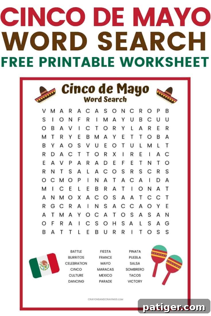 Cinco de Mayo themed word search puzzle for kids featuring 18 hidden words. A fun and educational printable activity for classrooms or home use.