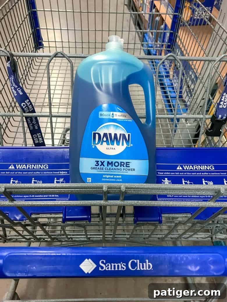 Bottle of 90 oz blue Dawn Ultra in shopping cart that reads 