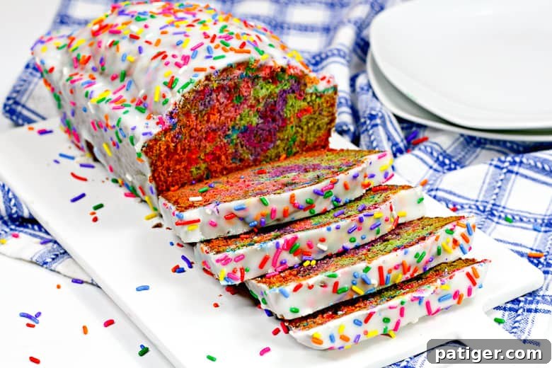 Magical Mornings Start with Unicorn Bread 2 Rainbow sprinkle covered iced unicorn bread on white cutting board, with 4 slices cut, showcasing the vibrant interior.