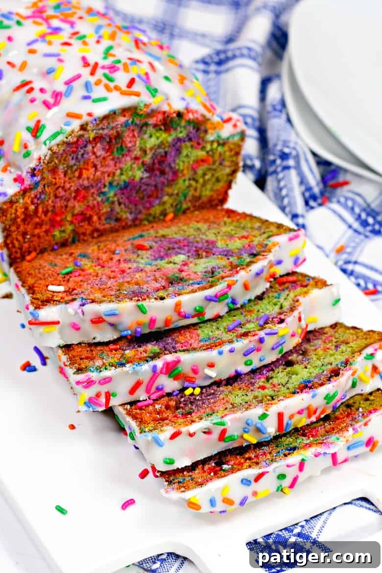 Magical Mornings Start with Unicorn Bread 3 Rainbow loaf of bread, covered in icing and rainbow sprinkles. Slices are cut from the loaf so that you can see the inside rainbow colors, resembling a tie-dye effect.