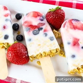 Frozen Yogurt Breakfast Bites 7 These easy yogurt popsicles are packed with fresh berries and granola, making them a tasty frozen breakfast to enjoy on-the-go on busy mornings.