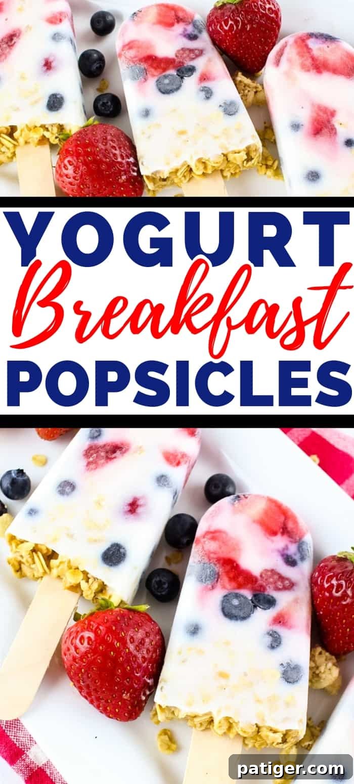 Frozen Yogurt Breakfast Bites 9 These easy yogurt popsicles are packed with fresh berries and granola, making them a tasty frozen breakfast to enjoy on-the-go on busy mornings.