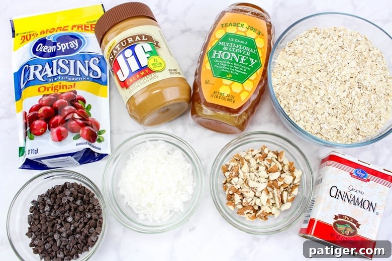 A flat lay of all the no-bake energy ball ingredients: quick oats, natural peanut butter, mini chocolate chips, chopped almonds, dried cranberries, honey, shredded coconut, and cinnamon.