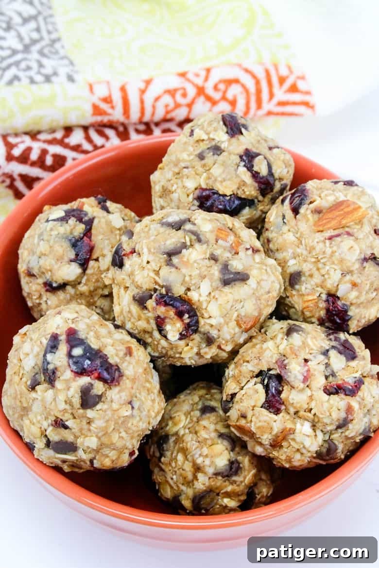 A beautiful bowl overflowing with finished trail mix energy balls, ready to be served.