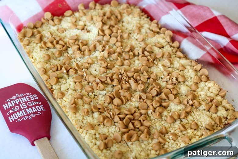 A 9x13 inch glass baking pan brimming with freshly baked Peanut Butter and Jelly Bars, topped with melted peanut butter chips.