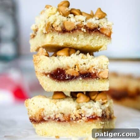 Peanut butter and jelly cookie bars with peanut butter chips and a layer of jam spread between two butter cookie layers.
