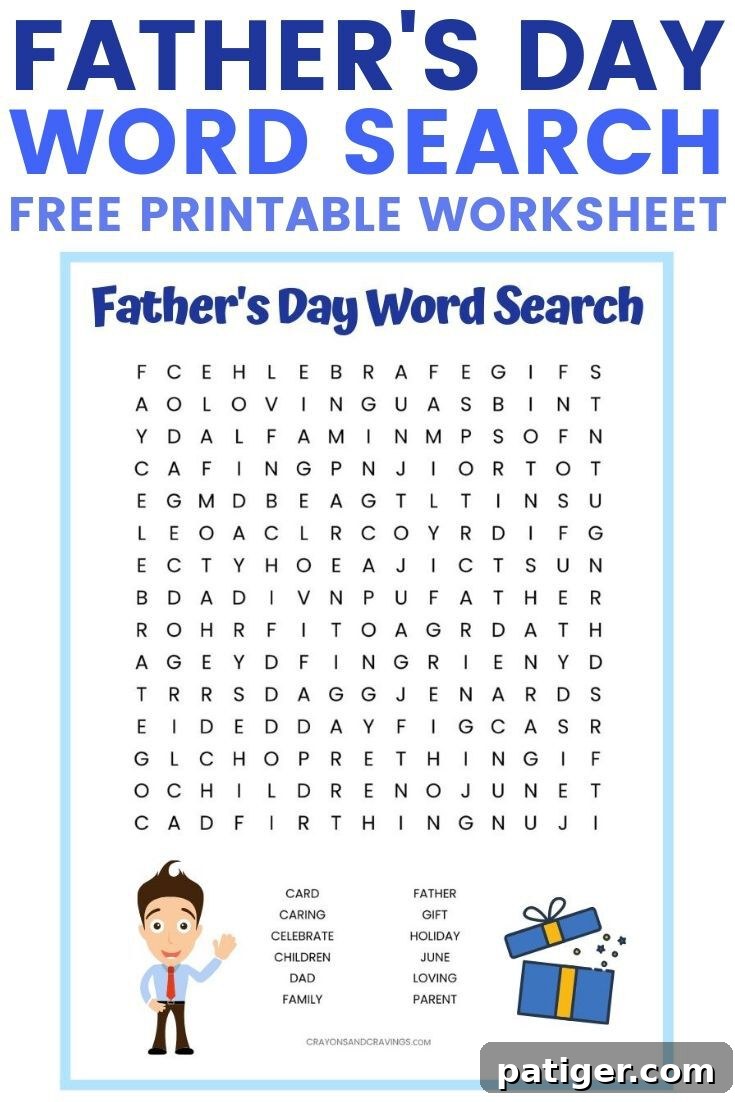 Free Printable Father's Day Word Search puzzle for kids, featuring 12 themed vocabulary words to find. An engaging educational activity for classroom use or family fun at home.