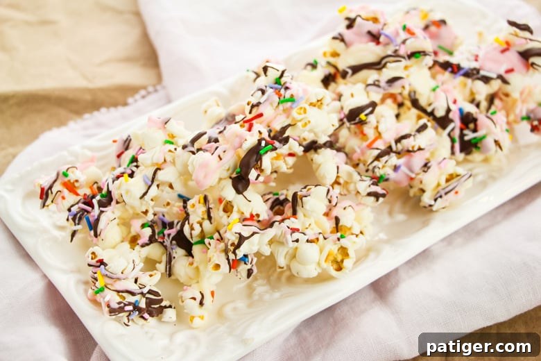 A bowl of Sundae Popcorn, showcasing the various toppings and chocolate drizzles