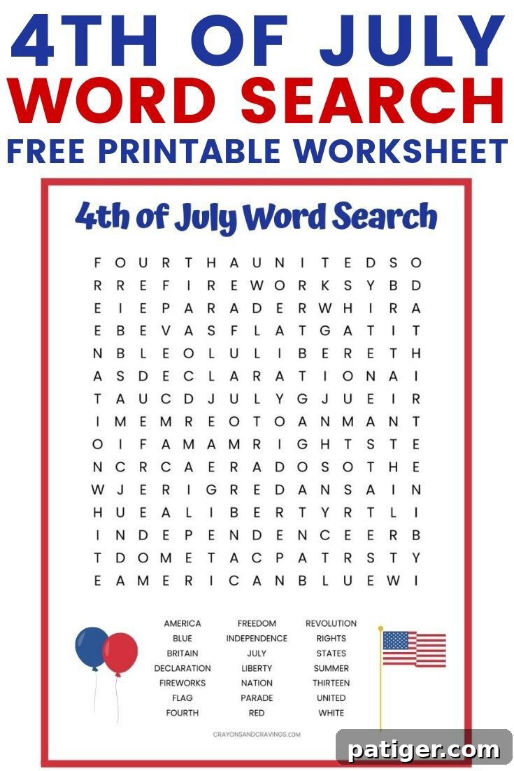 Fun Printable Independence Day Word Search 2 4th of July Word Search Free Printable Worksheet - An engaging activity for kids to learn about Independence Day.