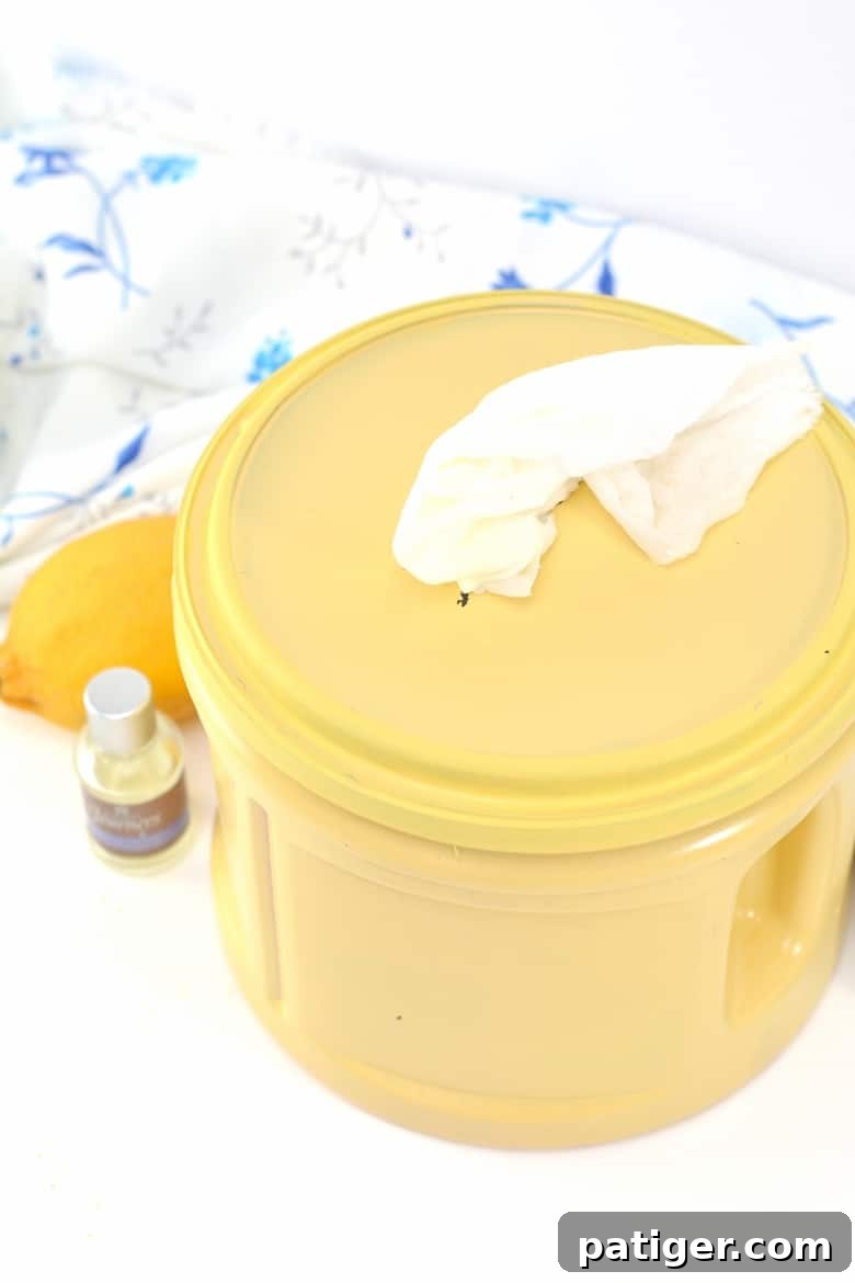 Homemade Surface Cleaning Wipes in a reusable container, ready for use.