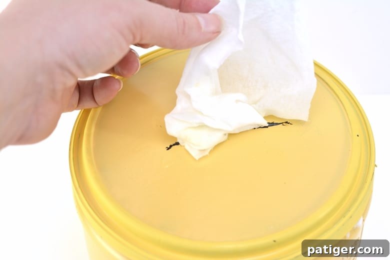 A hand pulling a DIY cleaning wipe through the slotted lid of a repurposed container.