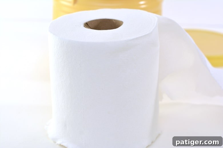 A roll of paper towels expertly cut in half, ready for preparation of cleaning wipes.