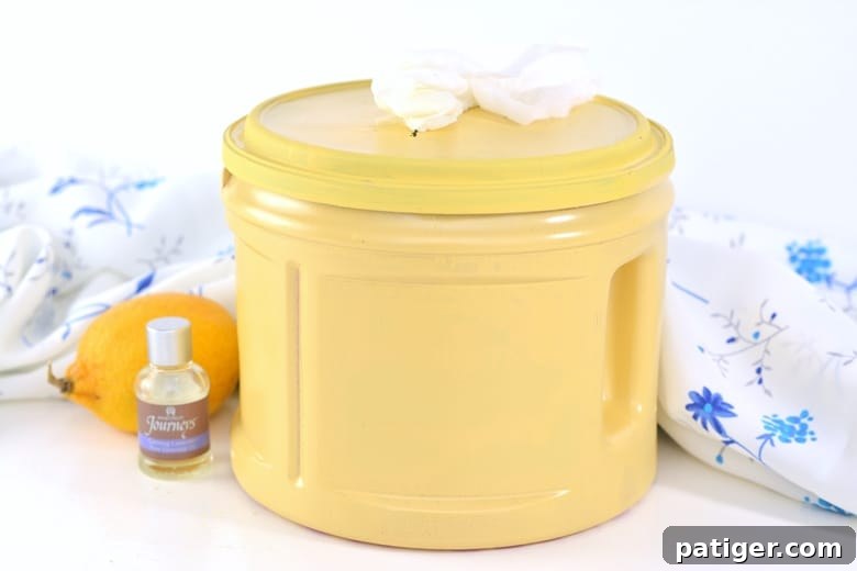DIY Cleaning Wipes solution ingredients including a yellow container, lavender essential oil, and a fresh lemon.