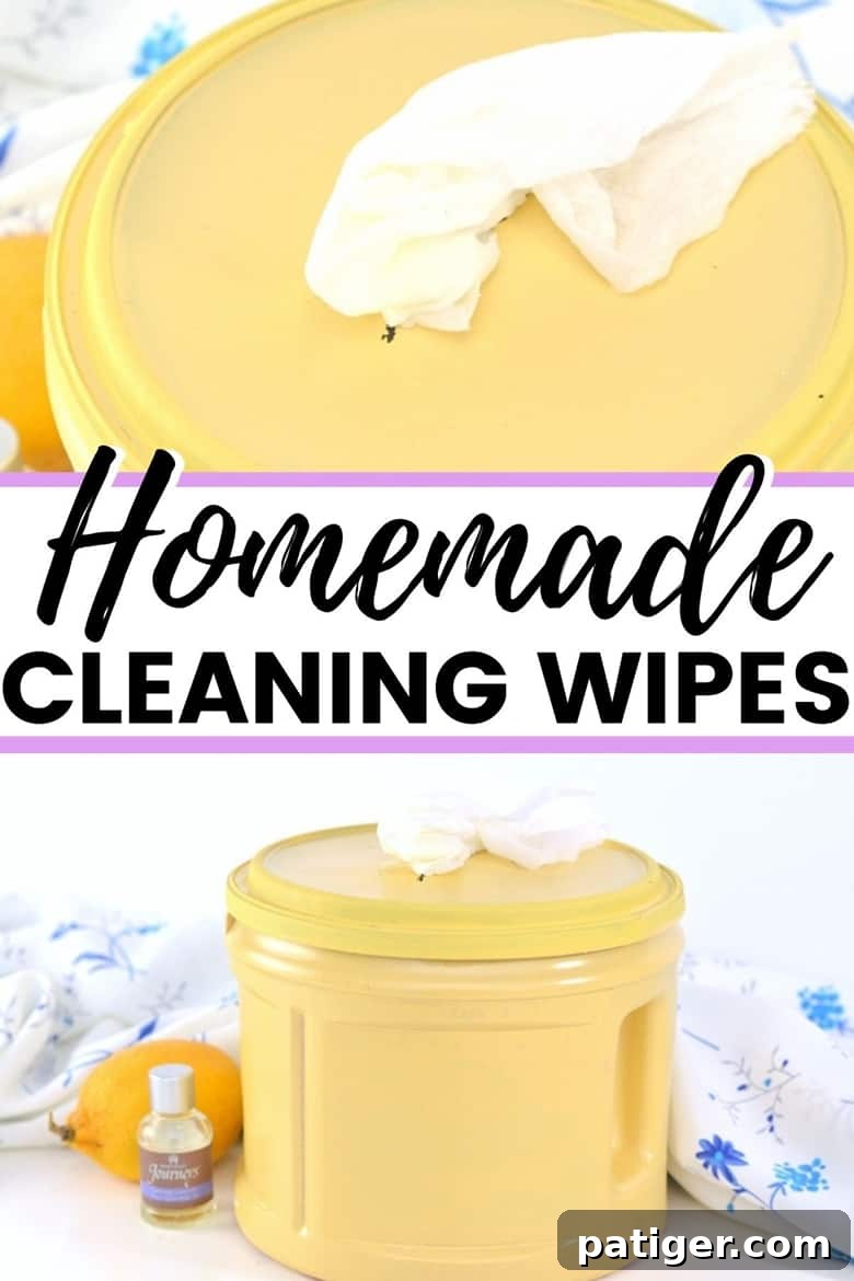Homemade Cleaning Wipes Pin Image - A collection of DIY cleaning wipes ingredients and finished product.