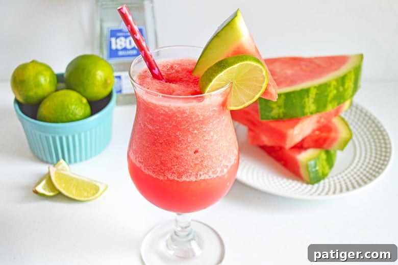 frozen cocktail. watermelon slices, tequila, and bowl of limes