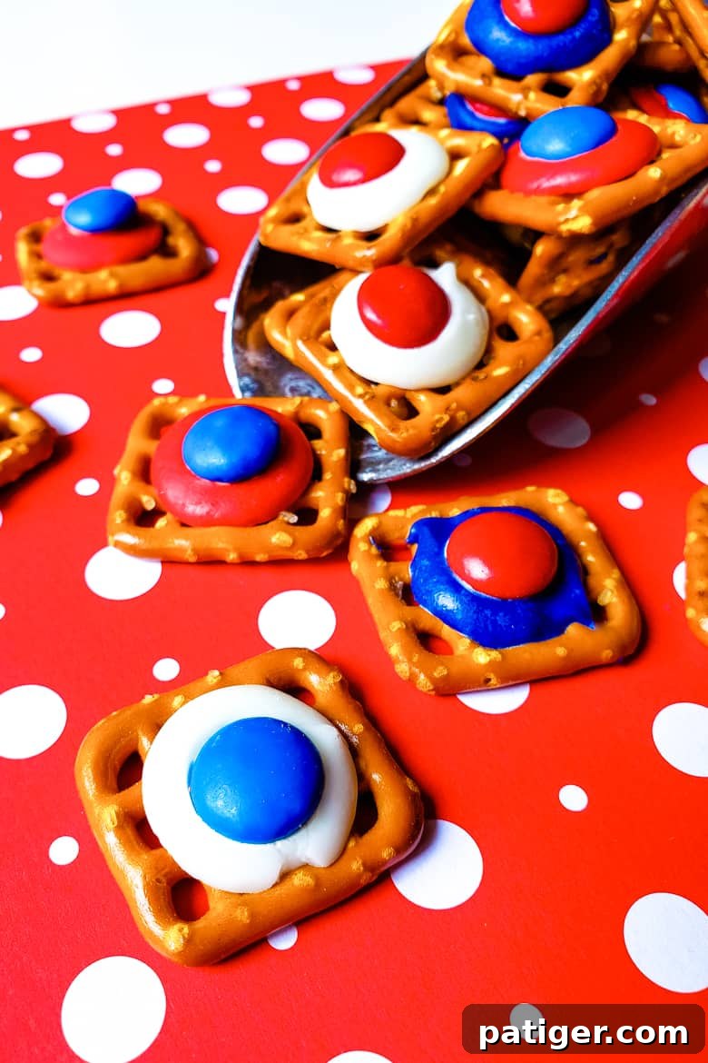 Patriotic Pretzel Bites 3 Close-up of Red, White, and Blue pretzel bites on a baking sheet