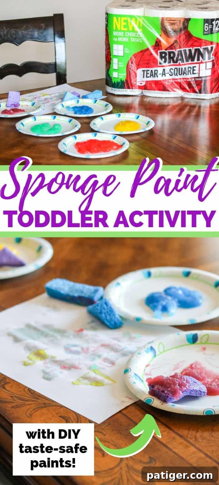 Sponge paint toddler art project - a fun, easy, and taste-safe process art activity for toddlers using homemade paints from pantry staples. Includes benefits, recipe, and clean-up tips.