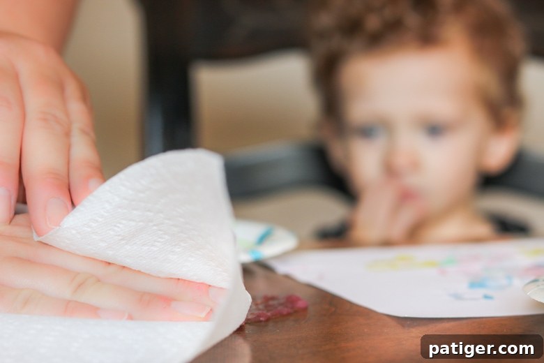 A Brawny® Tear-A-Square® paper towel being used to effectively wipe up purple paint from a dining table, demonstrating its cleaning power.