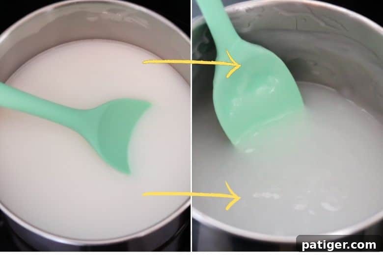 The paint ingredients transitioning from a solid white liquid to a thick, translucent, goopy substance as they cook, showing the desired consistency.