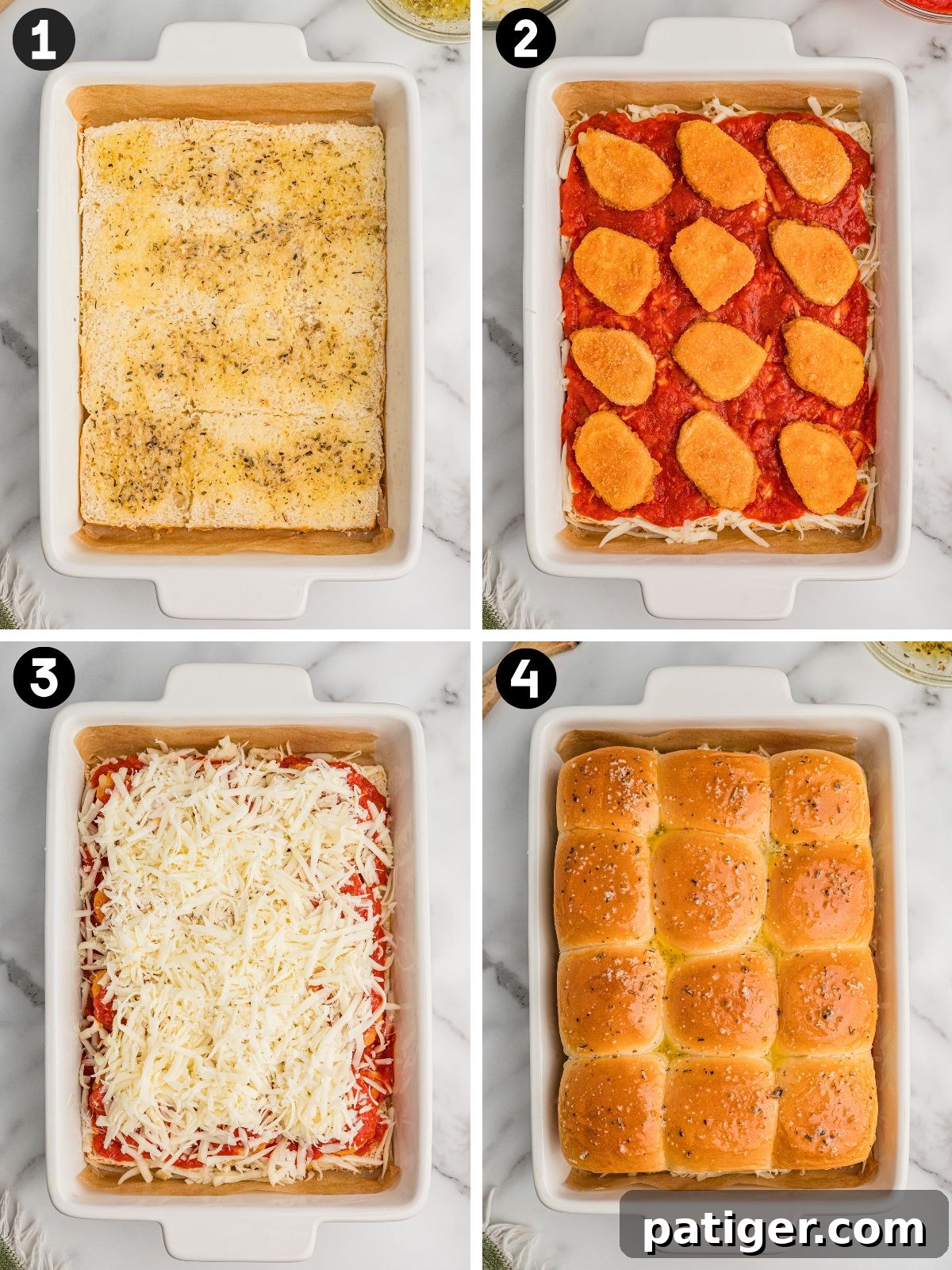 A four-step collage showing how to efficiently assemble chicken parmesan sliders with chicken nuggets.