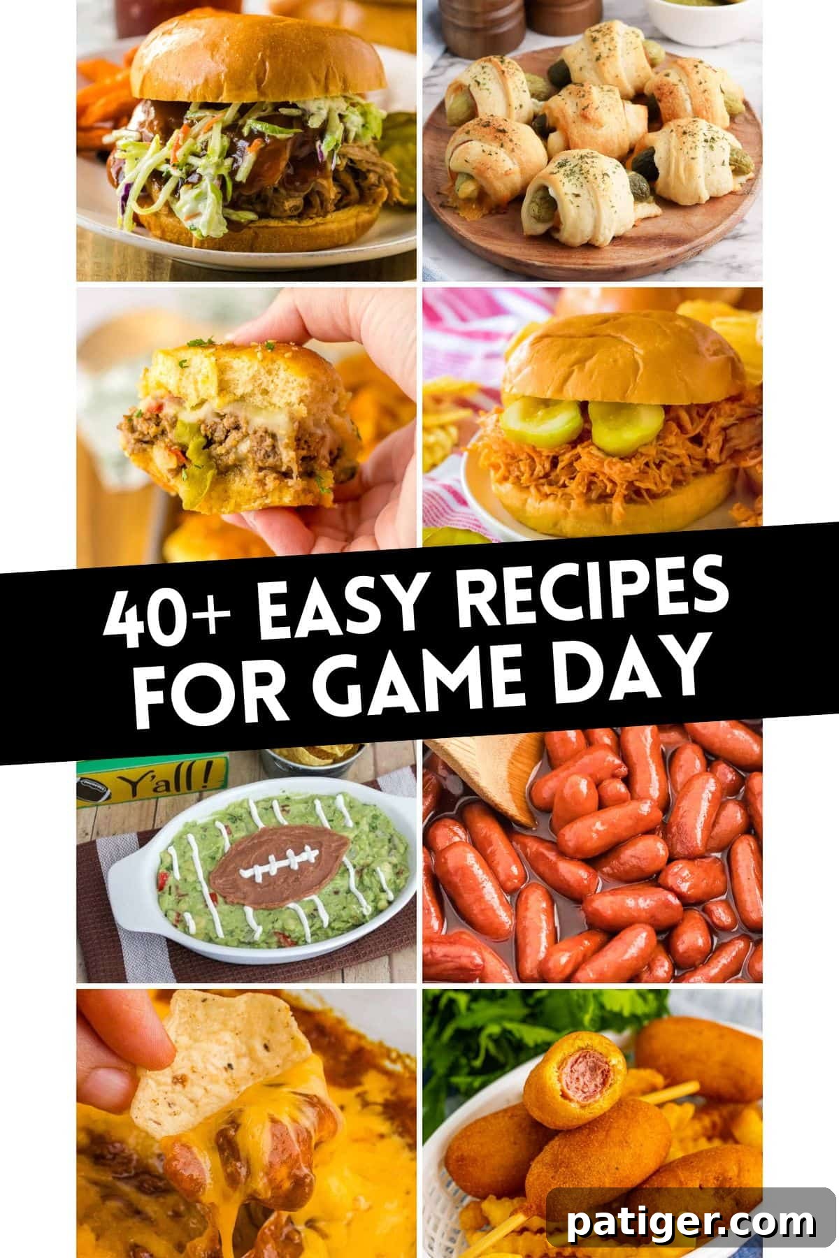 The Ultimate Game Day Playbook 40 Easy Recipes 2 A vibrant food collage showcasing an array of game day appetizers: barbecue pork slider with slaw, cheesy crescent-wrapped pickles, hot honey chicken sandwiches, football-shaped guacamole dip, miniature corn dogs, cocktail sausages, and creamy cheese dip with tortilla chips. All labeled "40+ Easy Recipes for Game Day."
