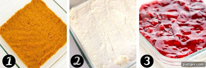 Deconstructed image showing the three layers of the dessert: graham cracker base, cream cheese filling, and cherry pie topping.