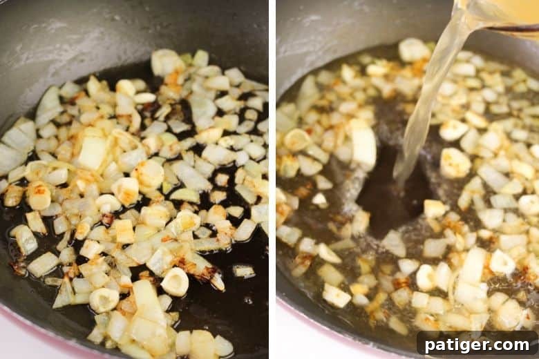 Garlic and onion sautéing in a skillet, followed by broth being poured in.