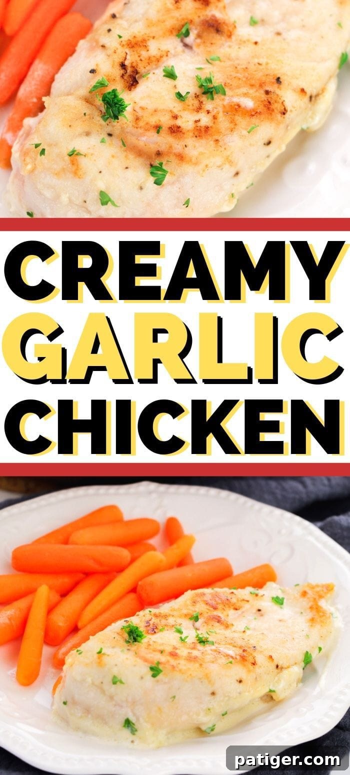 Creamy garlic chicken breasts pin for Pinterest