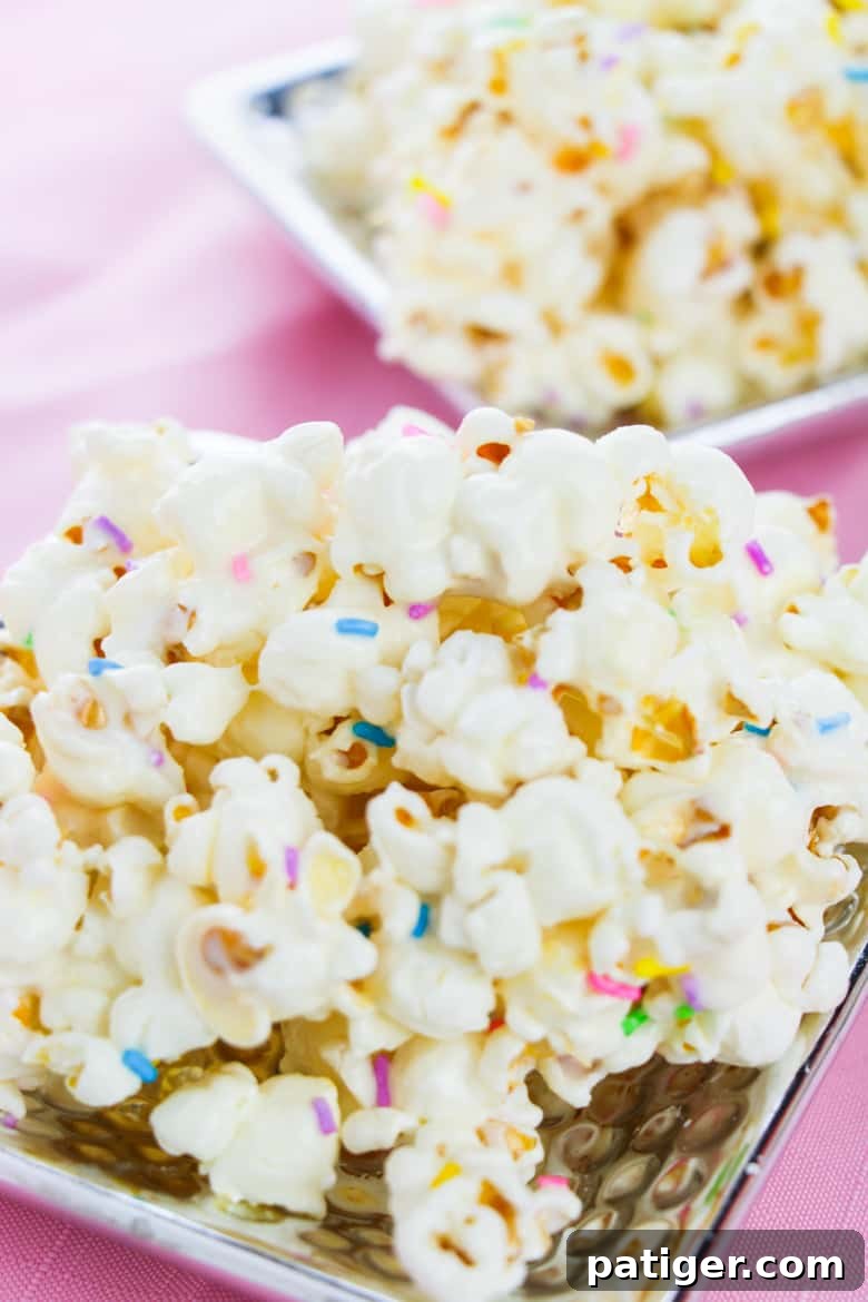 Vibrant Funfetti popcorn served on two small silver platters, adorned with rainbow sprinkles, creating a festive visual appeal perfect for parties.