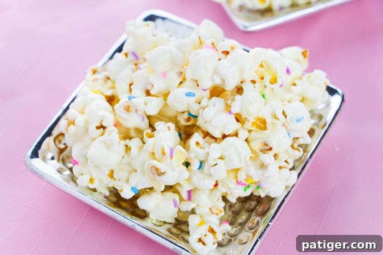 Delicious Cake batter popcorn topped generously with bright rainbow sprinkles, presented on a sleek flat silver plate, ready to be enjoyed as a festive dessert.